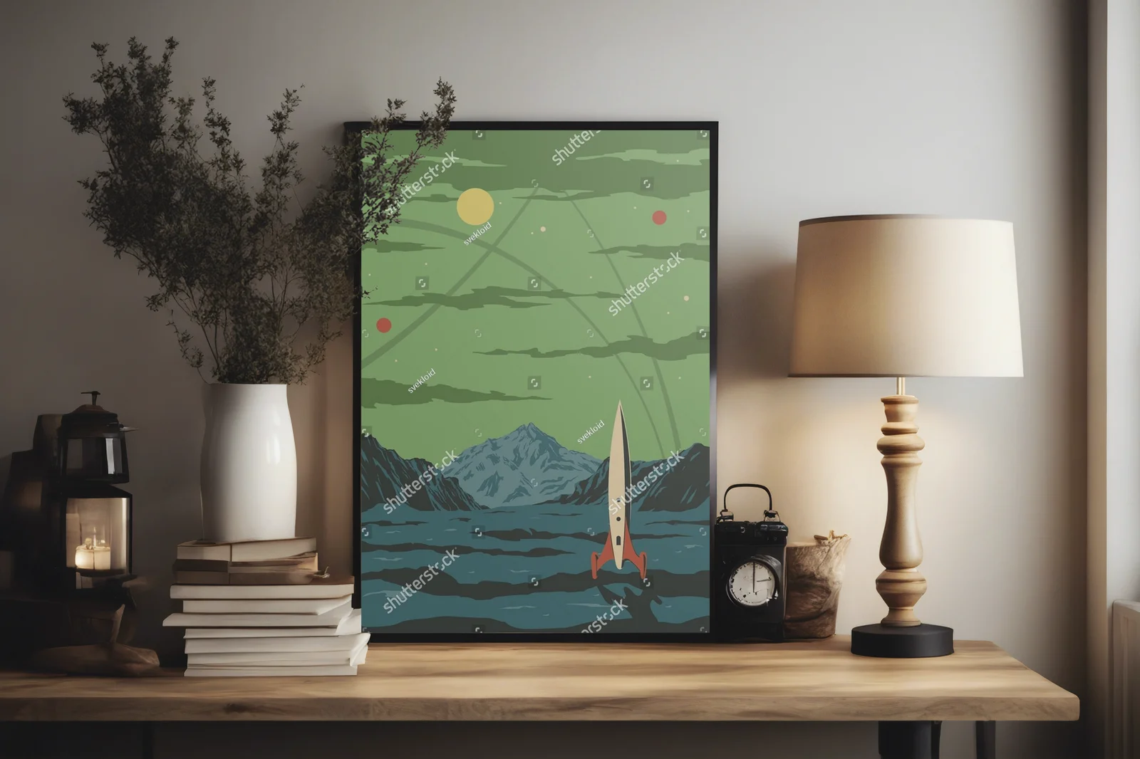 Kosmiczna ilustracja w retro-futurystycznym stylu
