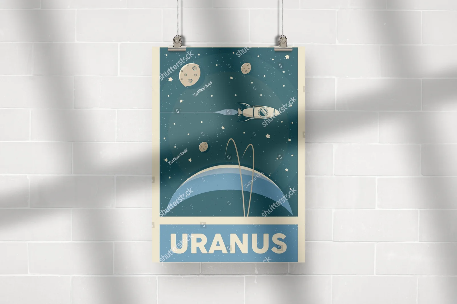 Retro plakat planety Uran w odcieniach zieleni