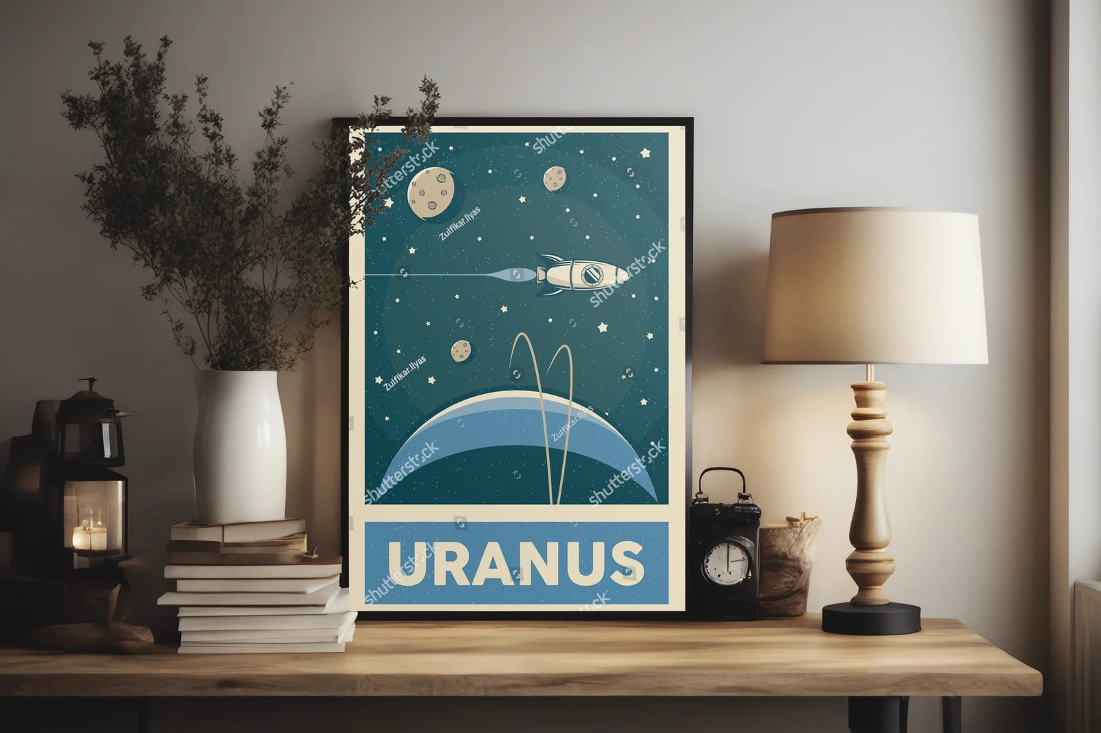 Retro plakat planety Uran w odcieniach zieleni
