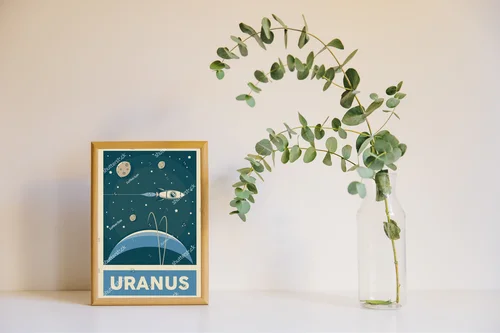 Retro plakat planety Uran w odcieniach zieleni