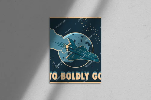 Nostalgiczny poster promu kosmicznego w galaktycznym stylu