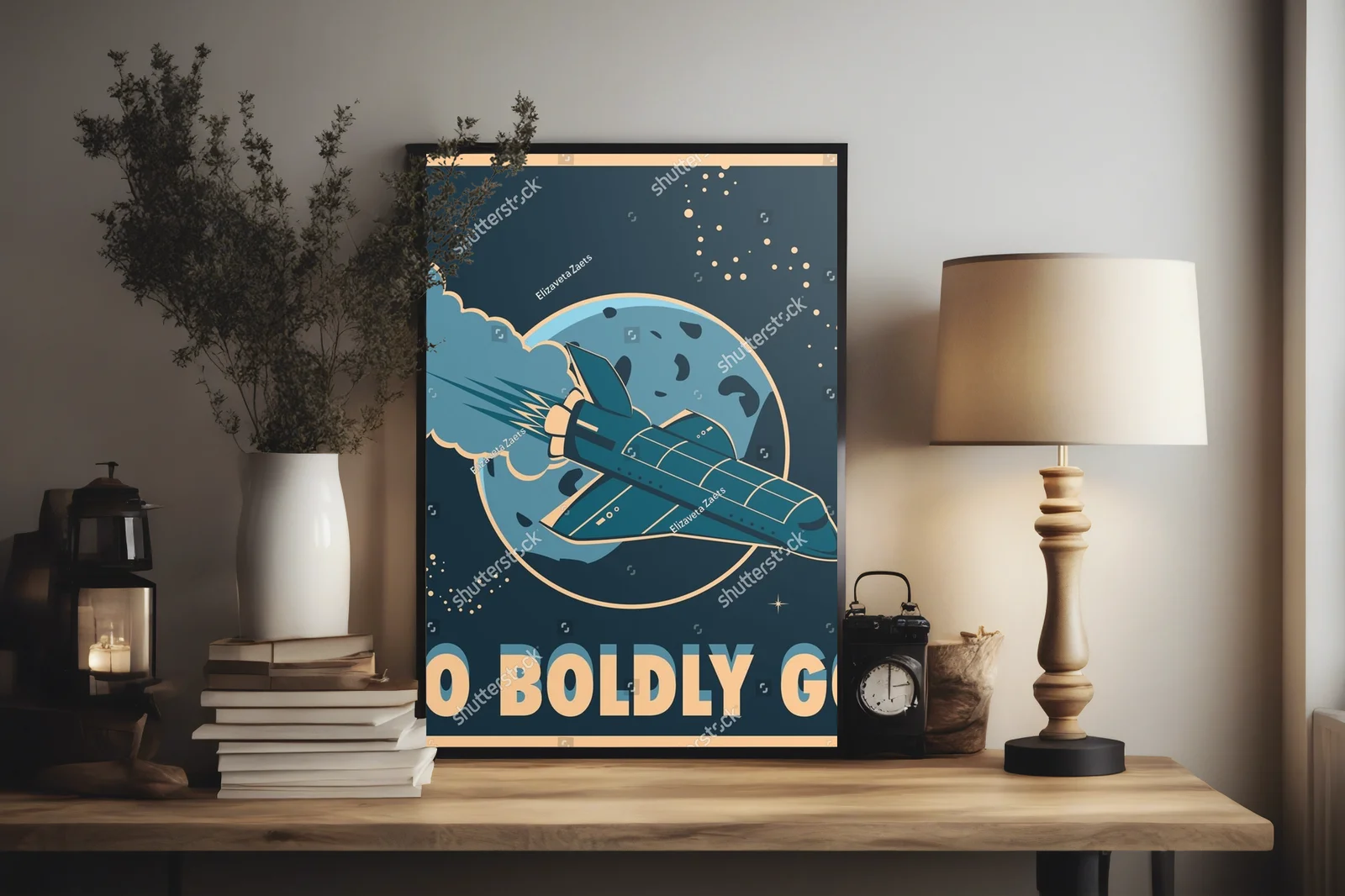 Nostalgiczny poster promu kosmicznego w galaktycznym stylu