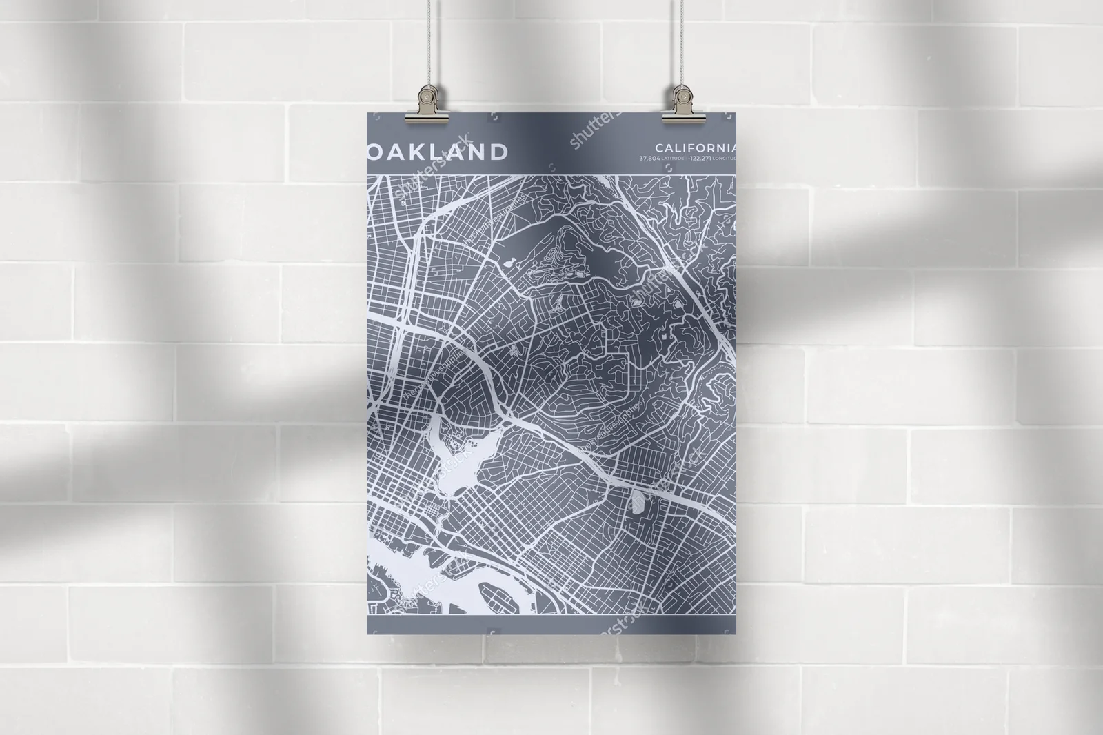 Minimalistyczna mapa Oakland w odcieniach szarości