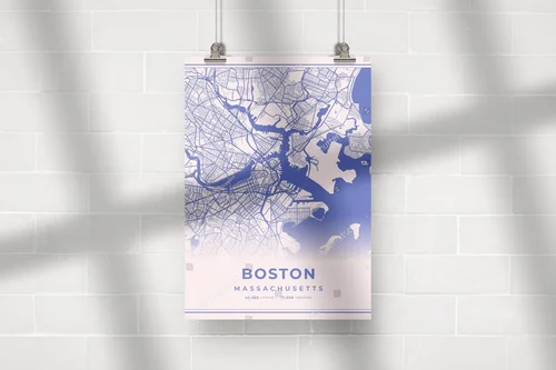 Pastelowa mapa Bostonu w różowo-niebieskich odcieniach