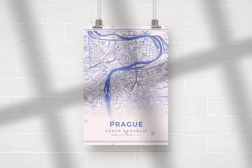 Pastelowa mapa Pragi z koordynatami