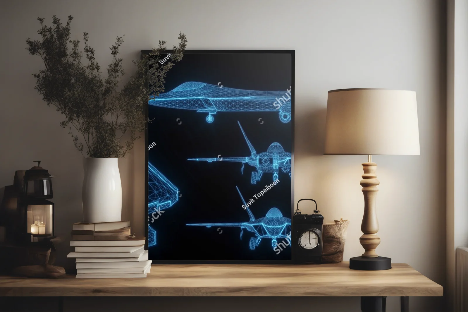 Futurystyczny hologram samolotu w neonowych barwach
