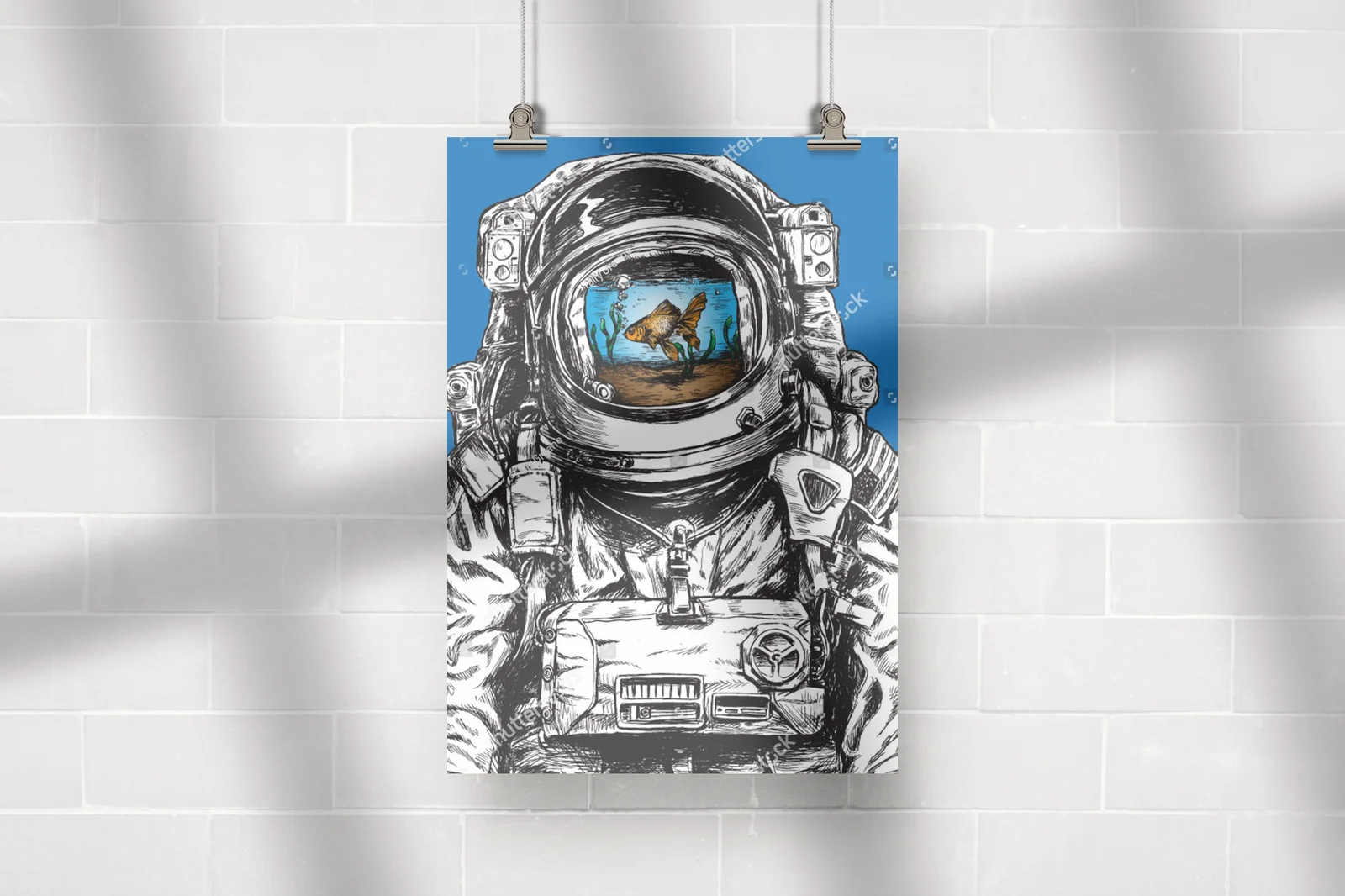 Kosmiczny astronauta z rybkami w złotej otoczce