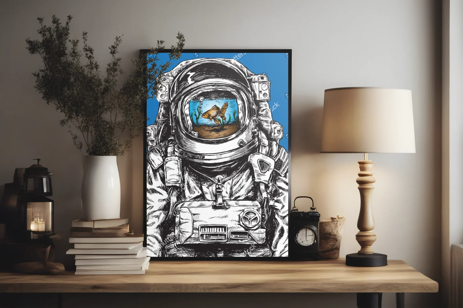 Kosmiczny astronauta z rybkami w złotej otoczce