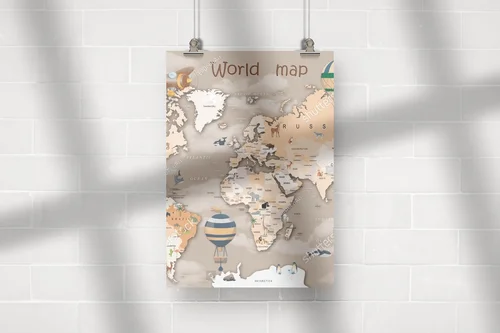 Beżowa mapa świata z bajkowymi zwierzętami i balonami