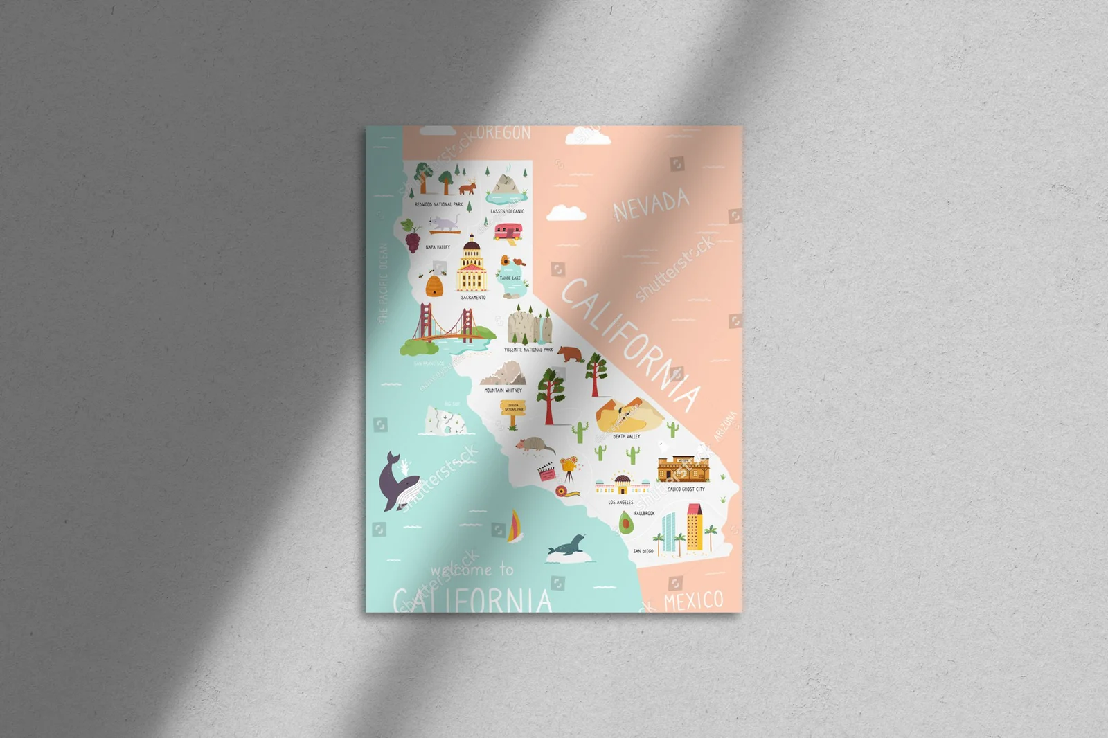 Ilustrowana mapa Kalifornii pełna kolorów i symbols