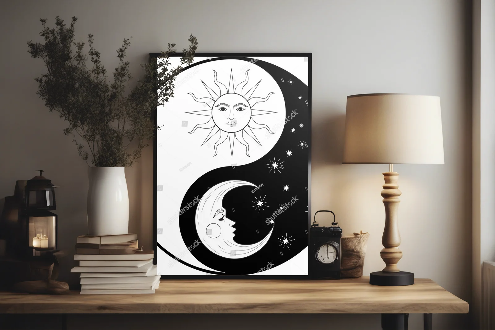 Retro motyw yin-yang w świetle słońca i księżyca