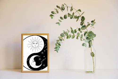 Retro motyw yin-yang w świetle słońca i księżyca