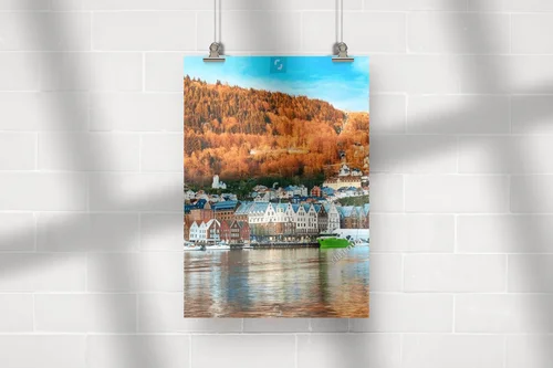 Panorama portu Bryggen w Bergen o zachodzie słońca