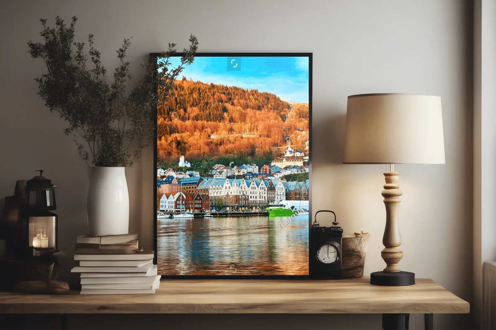 Panorama portu Bryggen w Bergen o zachodzie słońca