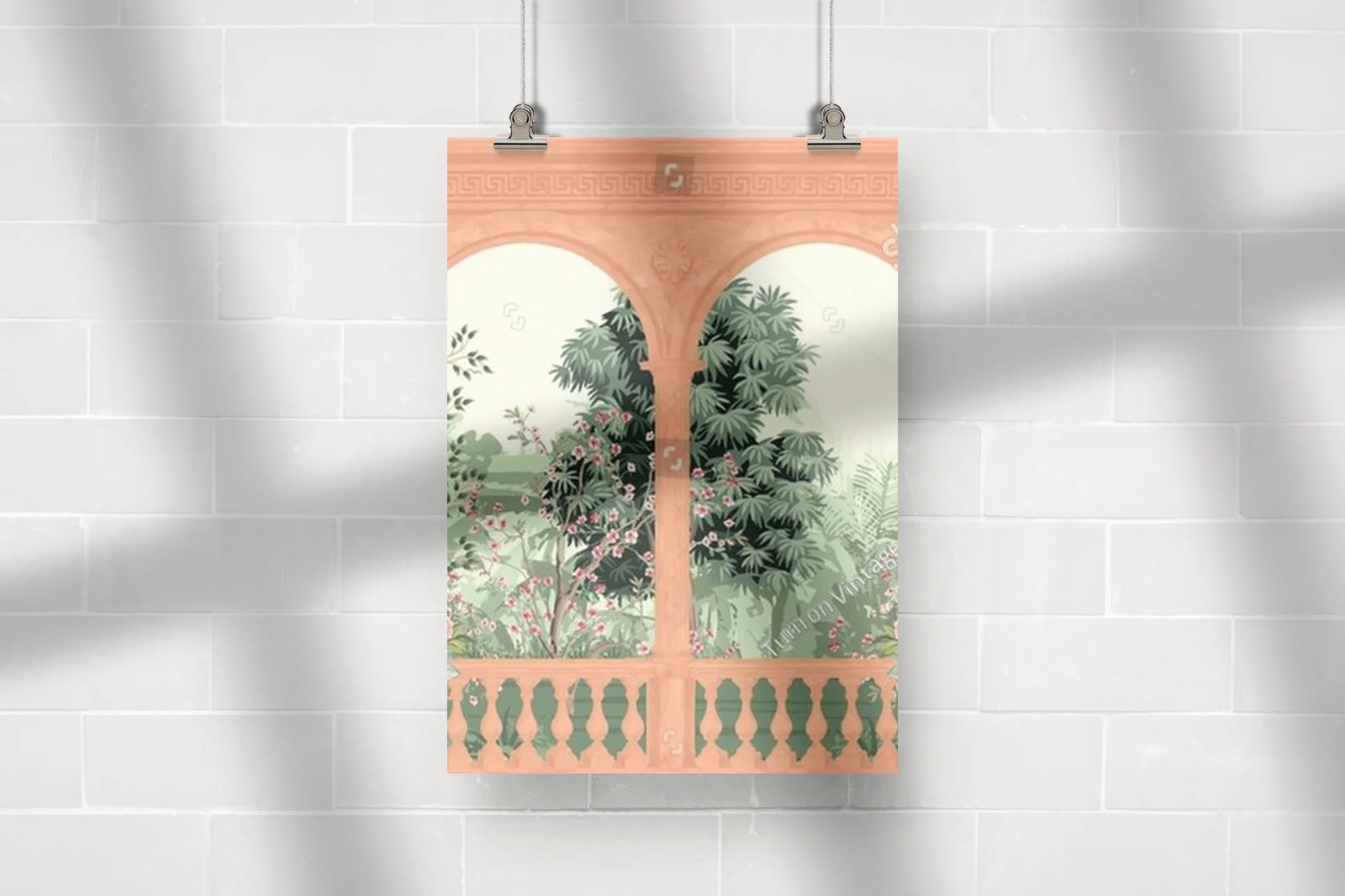 Antyczny mural z architekturą ogrodów