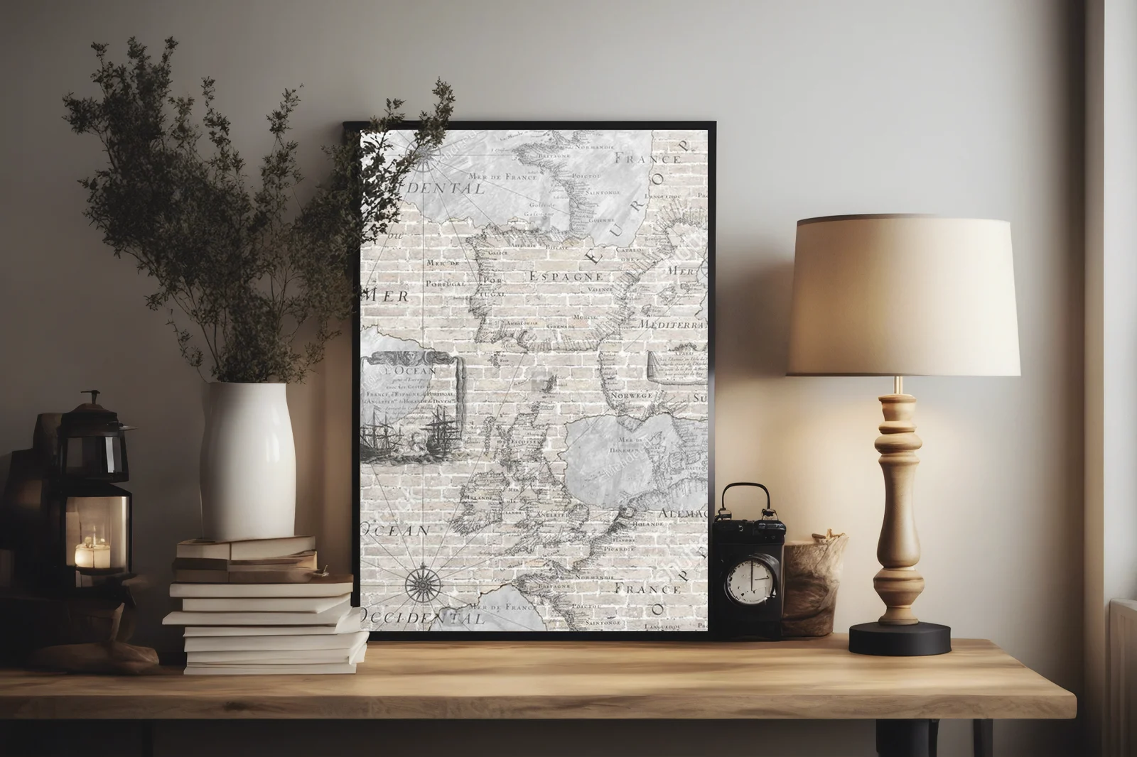 Wielowymiarowa mapa mórz na surowej ceglanej ścianie