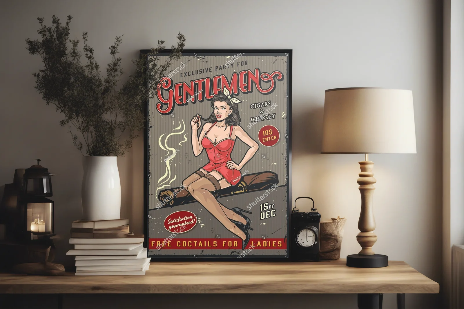 Kolorowa retro kompozycja z pinup dziewczyną