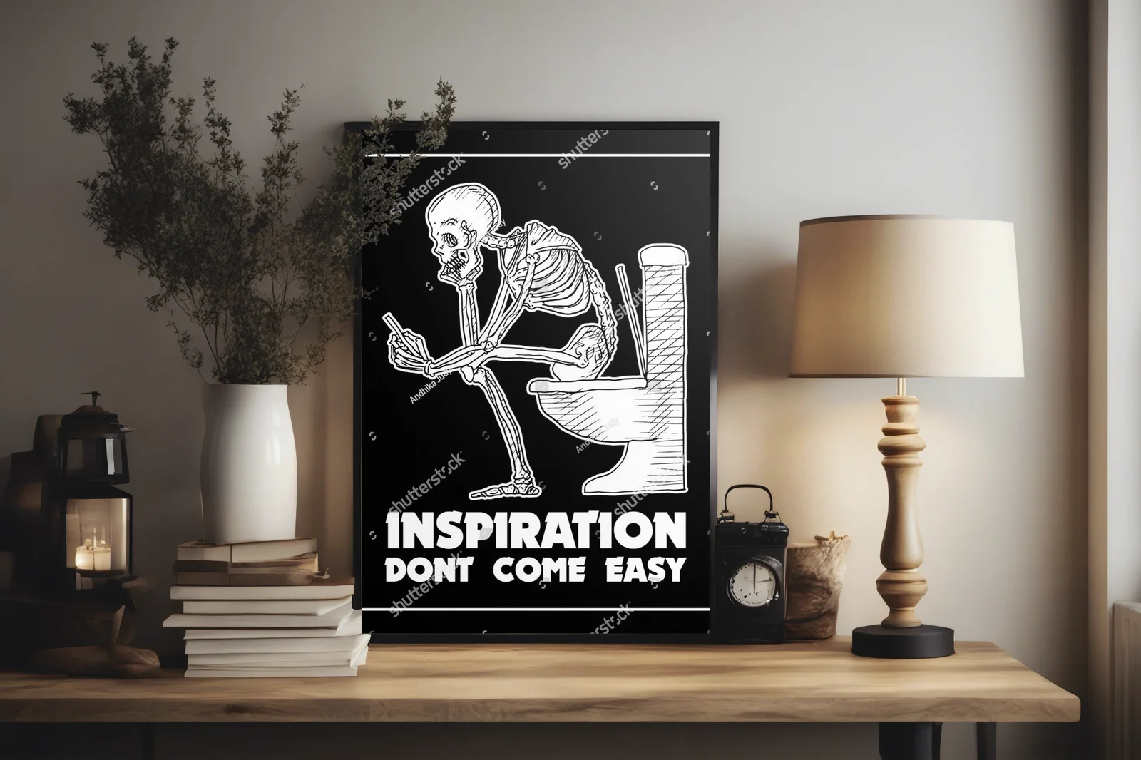 Zabawny skeleton w retro toalecie pełen inspiracji