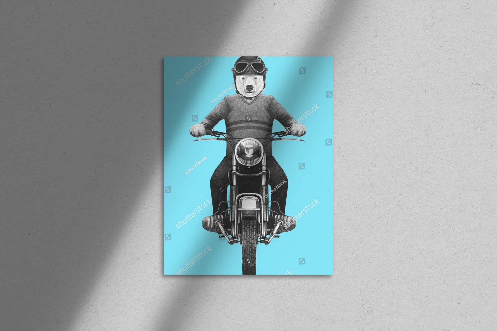 Zimowy portret białego niedźwiedzia na motocyklu