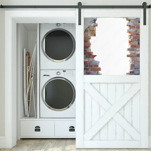 Otwór w ścianie z cegieł w minimalistycznej stylistyce