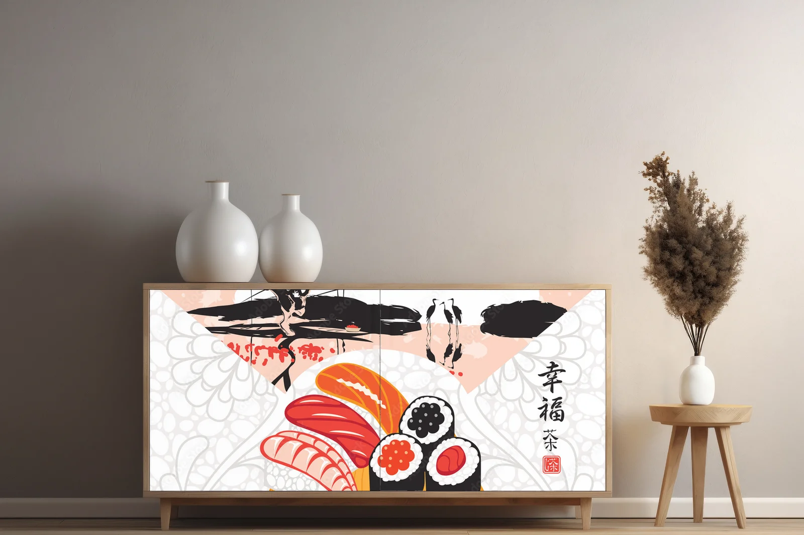 Sushi w akwarelowym krajobrazie i delikatnych odcieniach