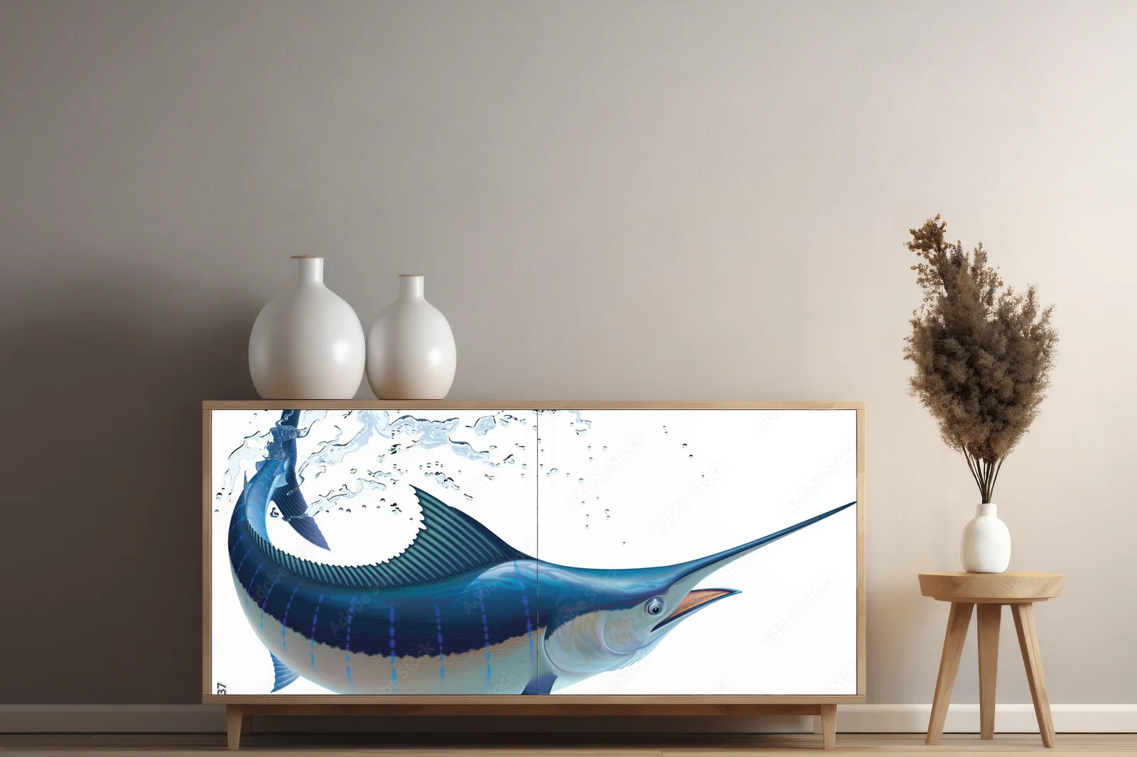 Fascynujący błękitny marlin w świetlistej bieli