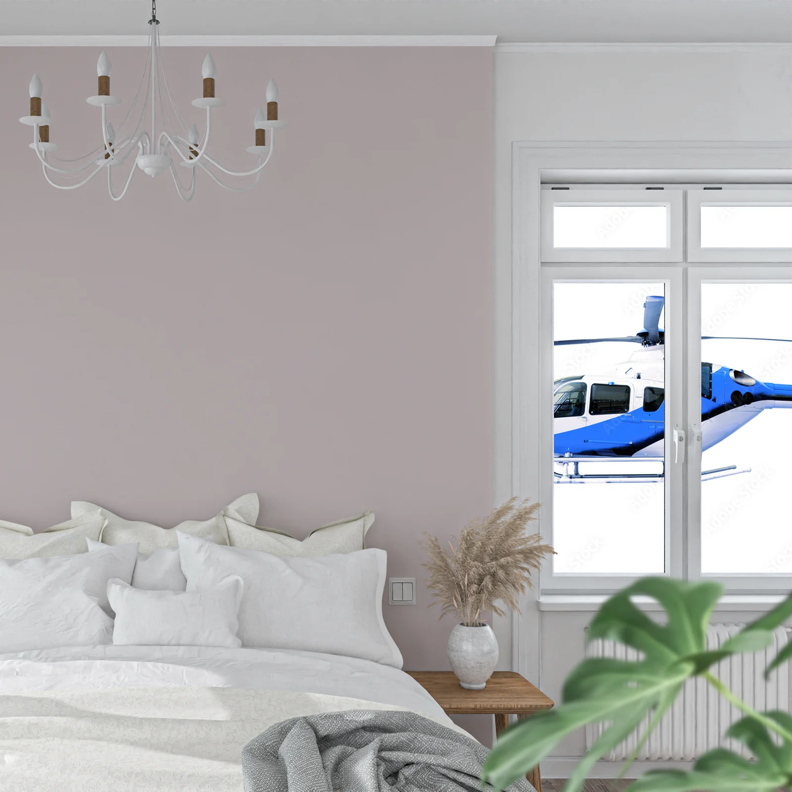 Niebieski helikopter w niewinnej bieli