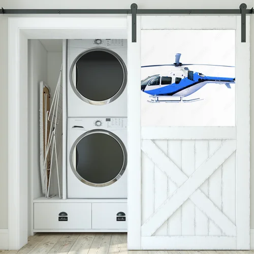 Niebieski helikopter w niewinnej bieli