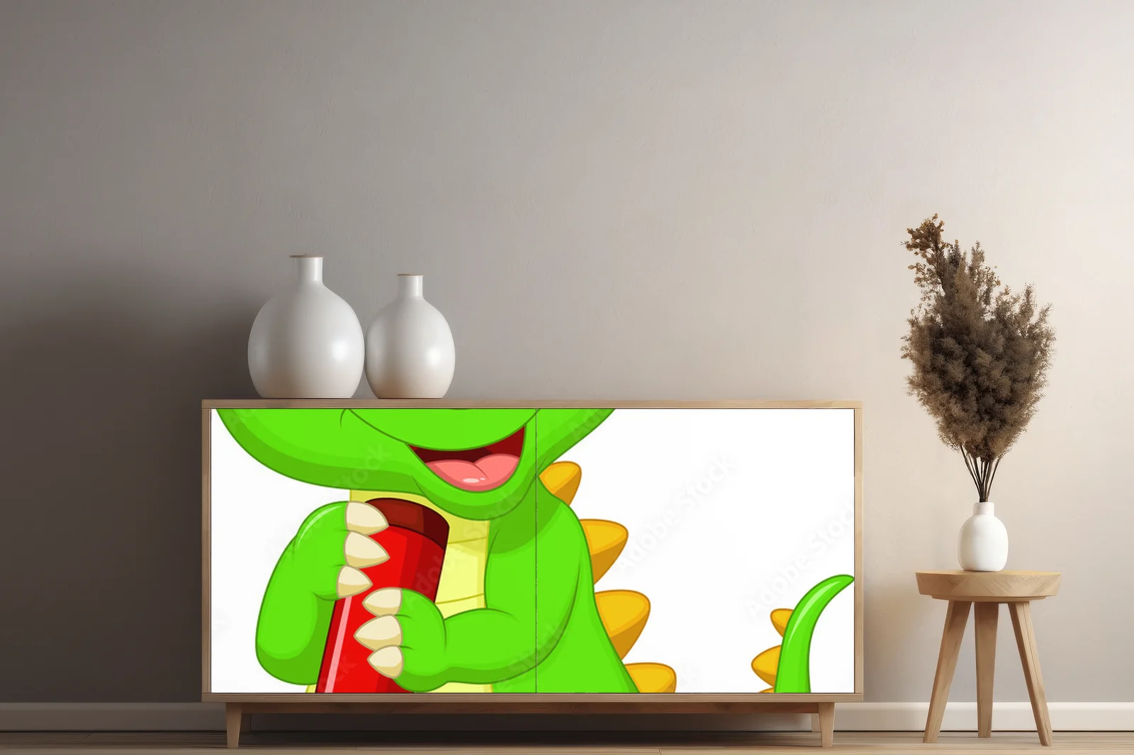 Uroczy dinozaur z czerwonym ołówkiem w radosnym stylu