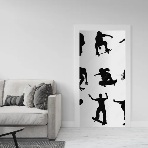 Ekspresyjne czarne sylwetki skaterów w białym tle
