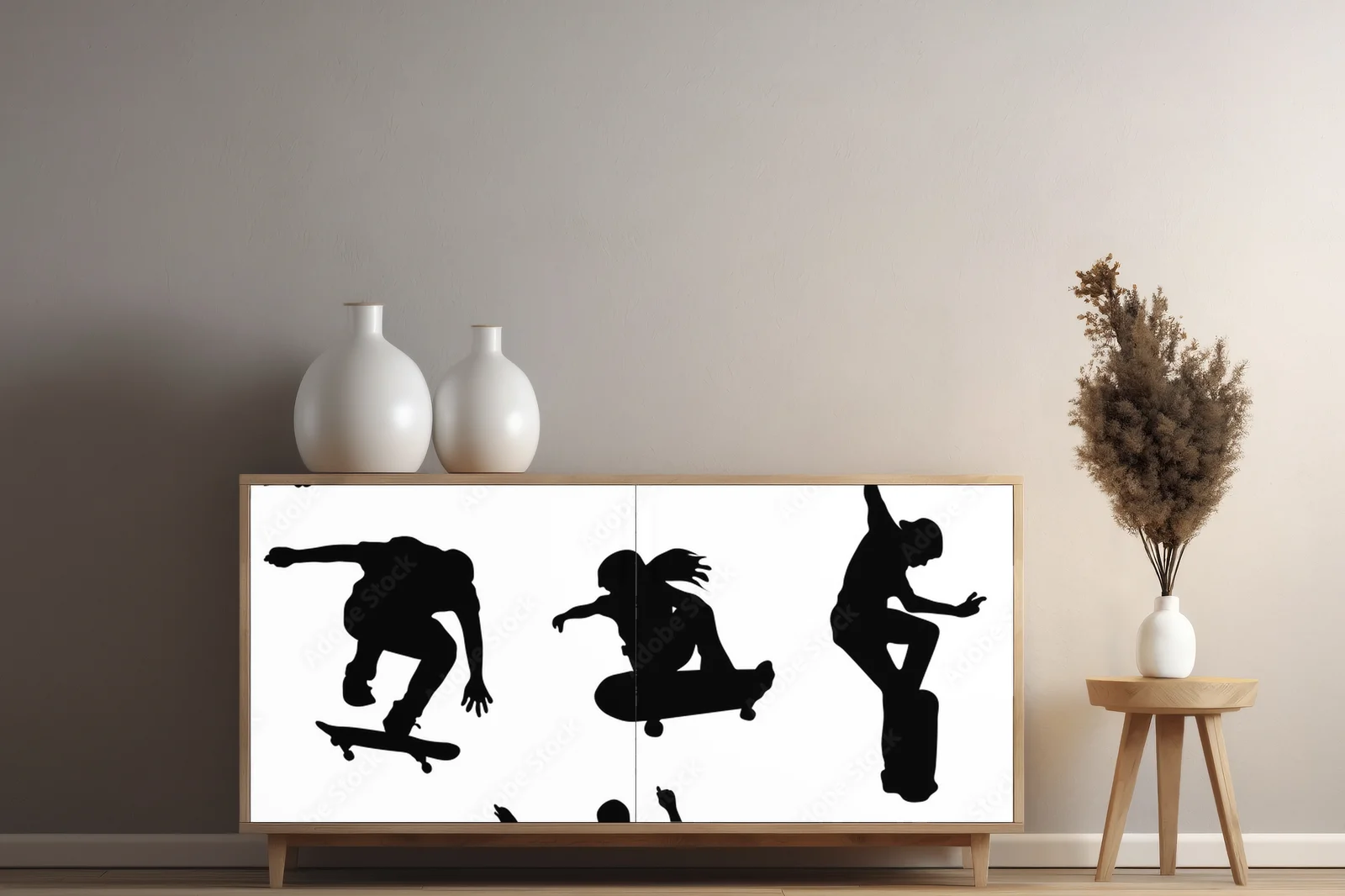 Ekspresyjne czarne sylwetki skaterów w białym tle