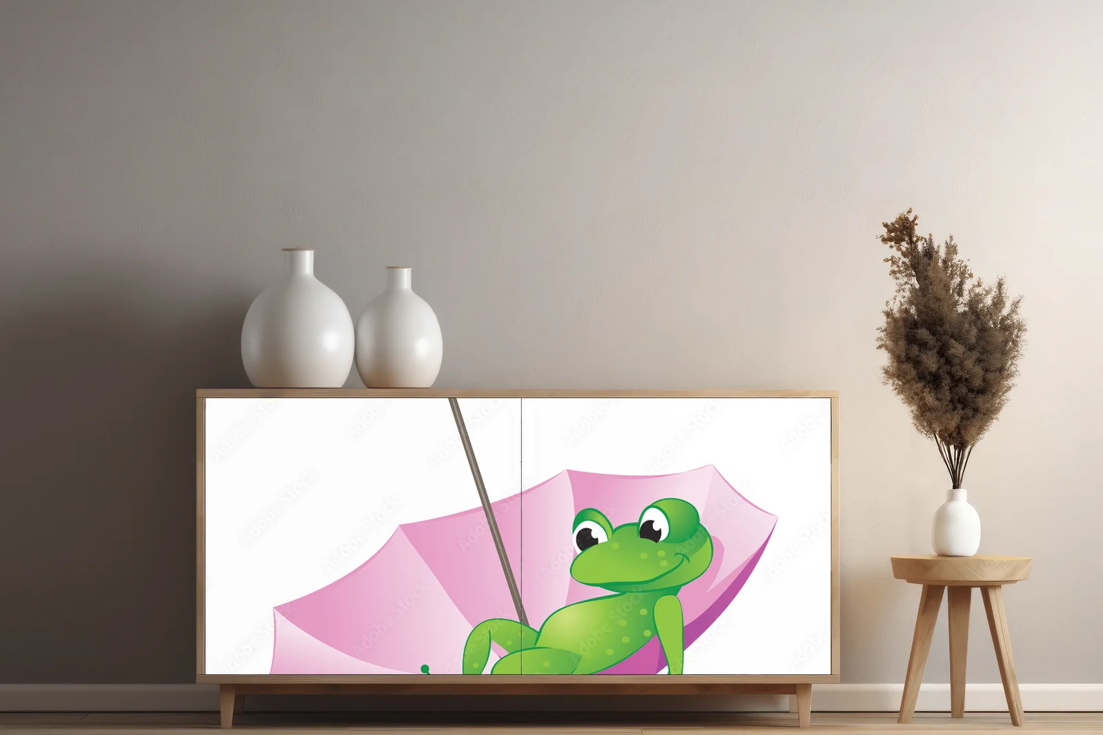 Radosne żaby pod parasolem w pastelowych barwach