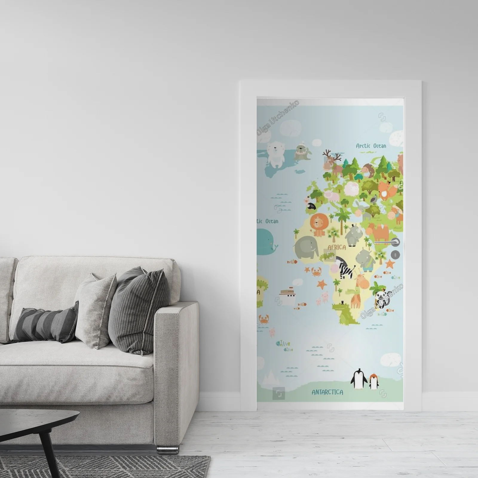 Kolorowa mapa świata z bajkowymi zwierzętami dla dzieci