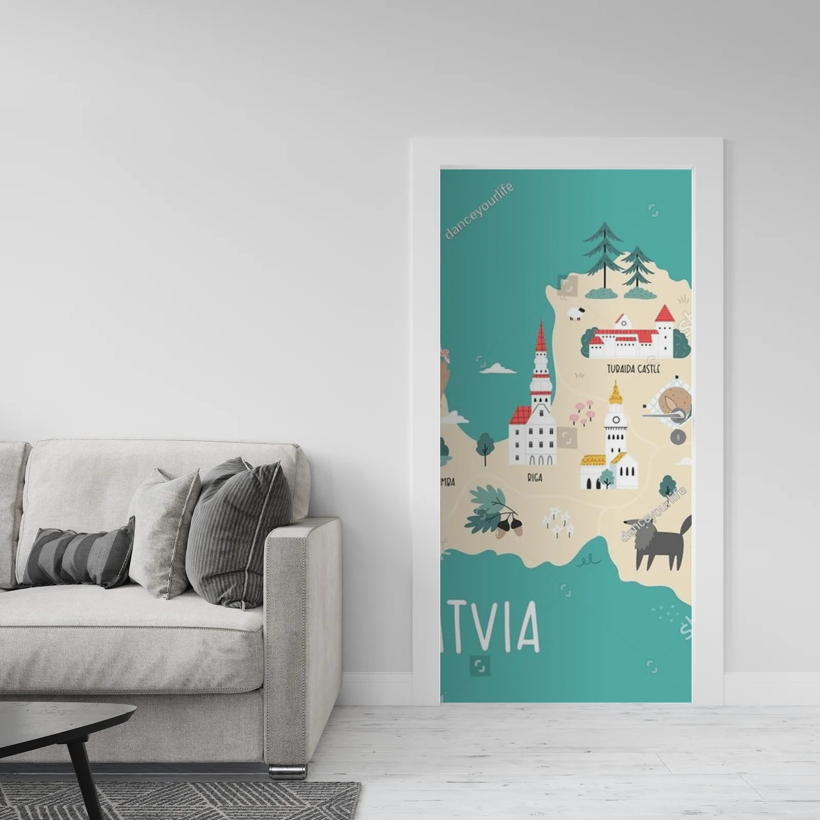 Detale Ruczna Mapa Łotwy z Symbolami Kulturowymi