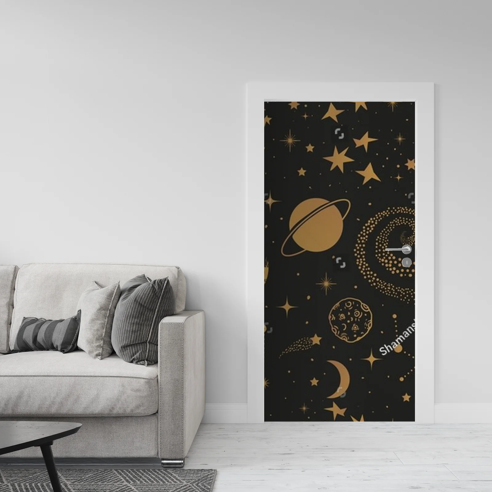 Magiczne złote niebo pełne gwiazd i planet