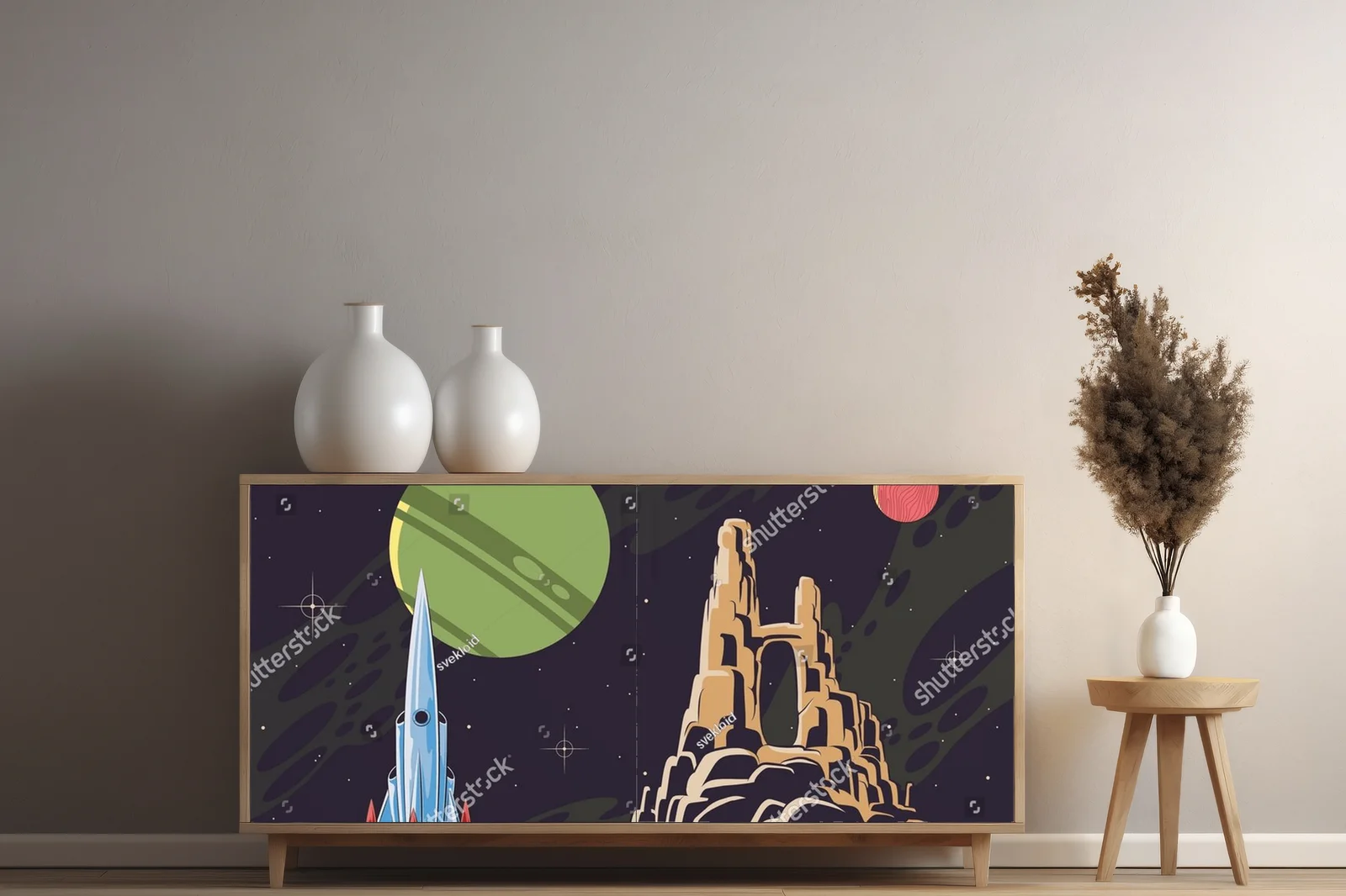 Fantastyczny pejzaż kosmiczny w retro stylu