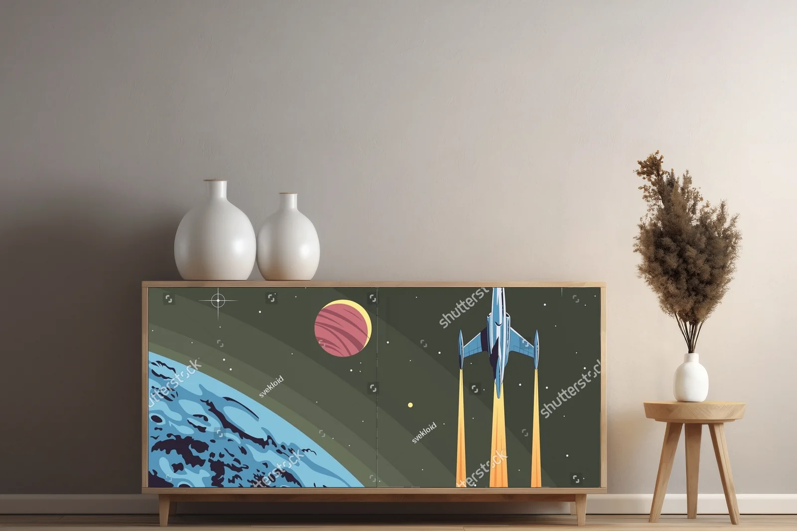 Retro-futurystyczna ilustracja rakiety kosmicznej