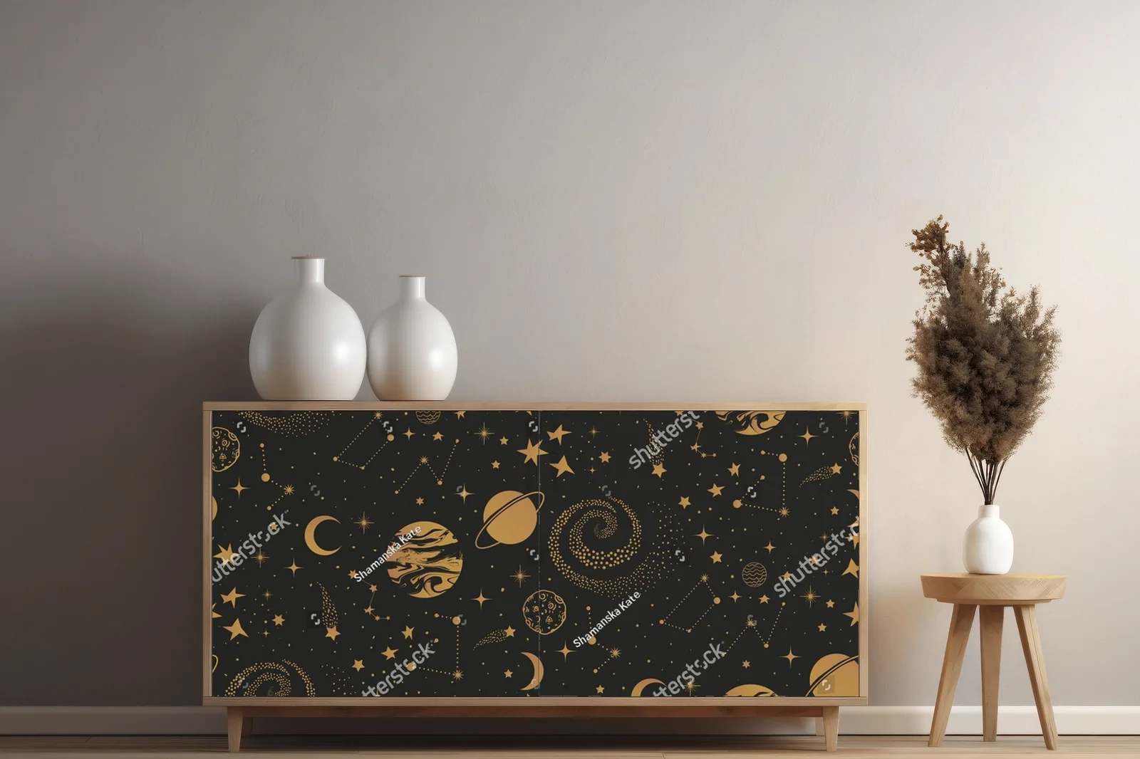Magiczne złote niebo pełne gwiazd i planet