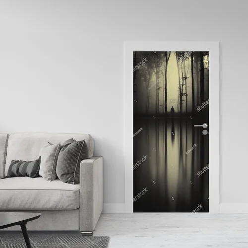 Surrealistyczny las: cień mężczyzny nad jeziorem