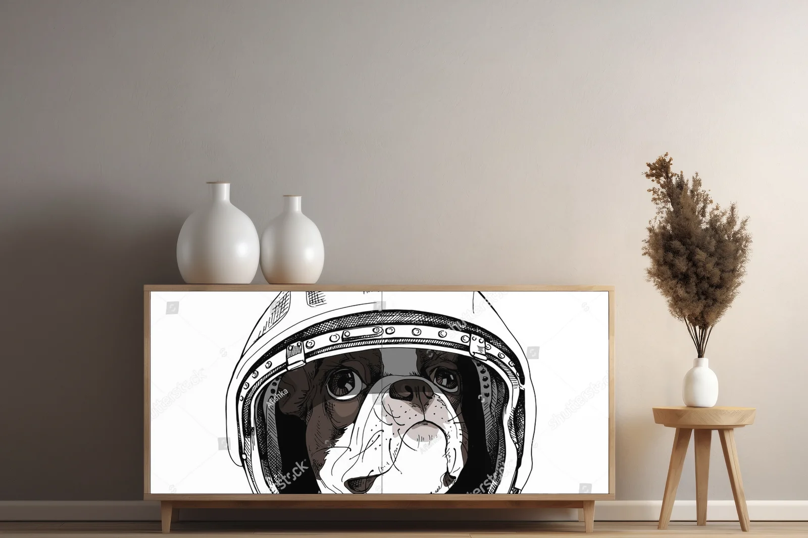 Uroczy astronauta z bostońskim terierem w kosmosie