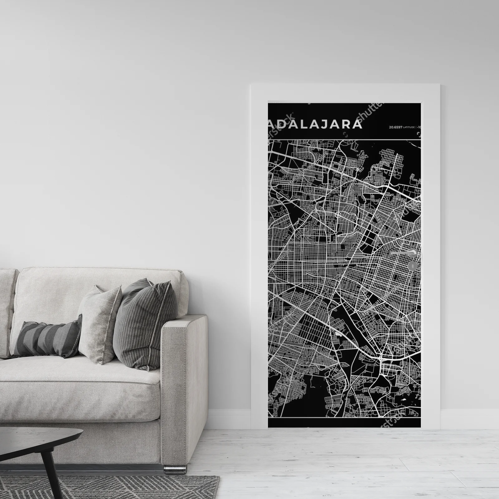 Nowoczesna mapa Guadalajara w monochromatycznej aranżacji