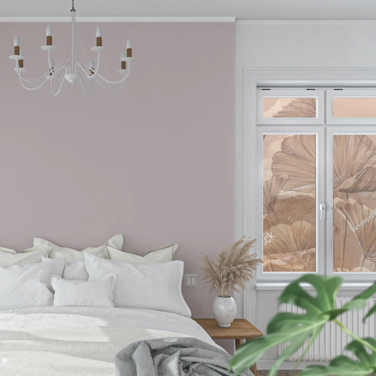 Pastelowy mural z liśćmi w harmonijnym otoczeniu