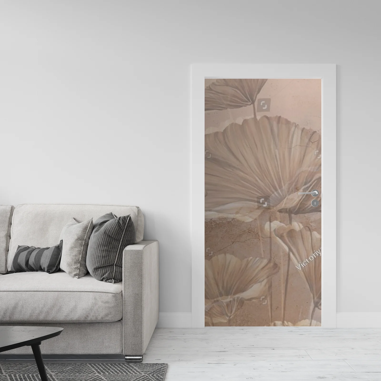 Pastelowy mural z liśćmi w harmonijnym otoczeniu