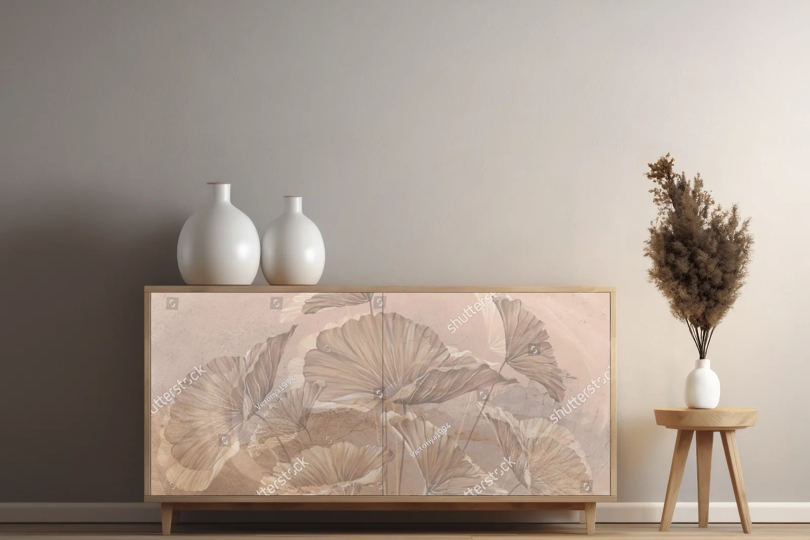 Pastelowy mural z liśćmi w harmonijnym otoczeniu