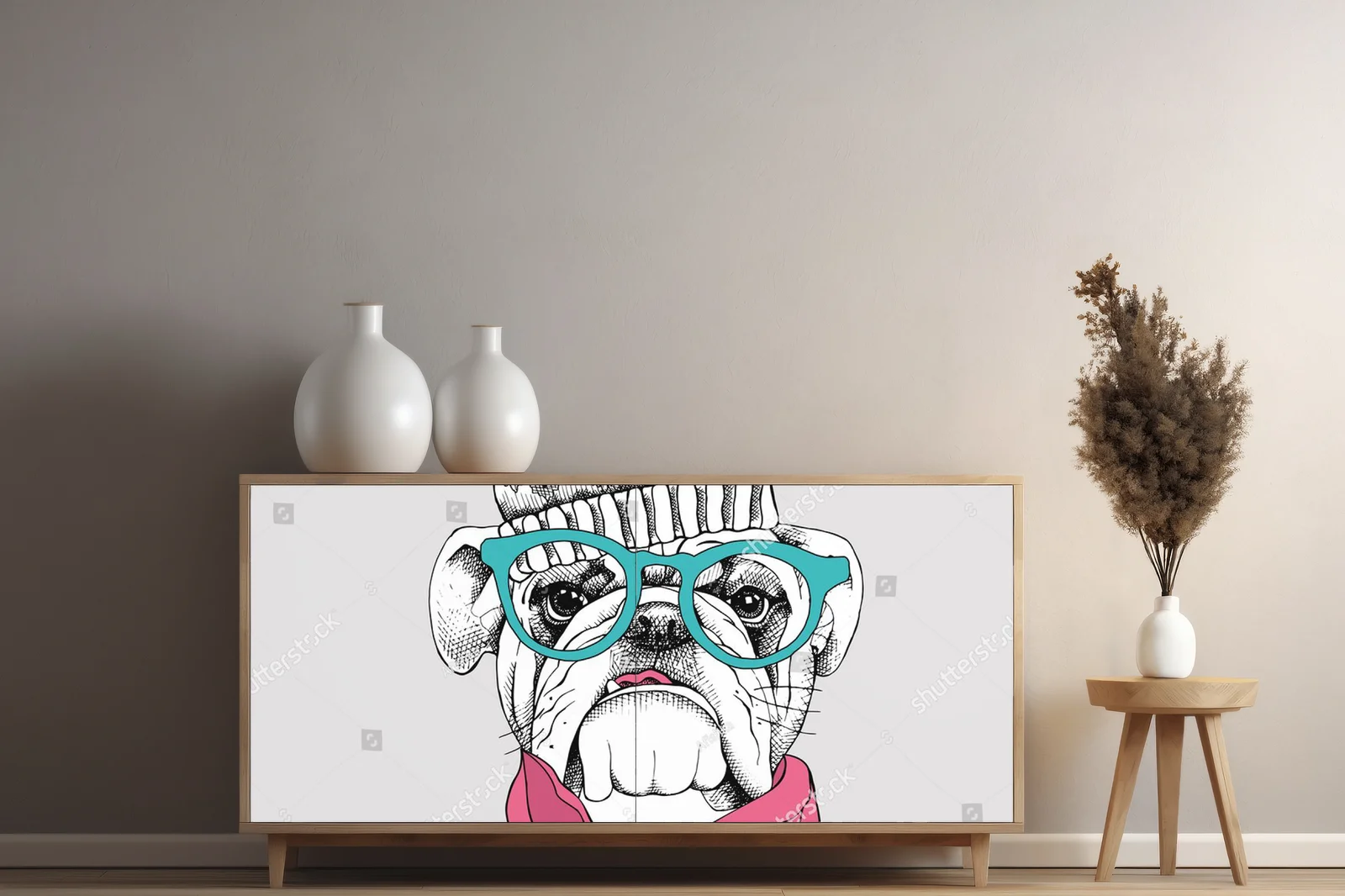 Stylowy bulldog w retro akcesoriach