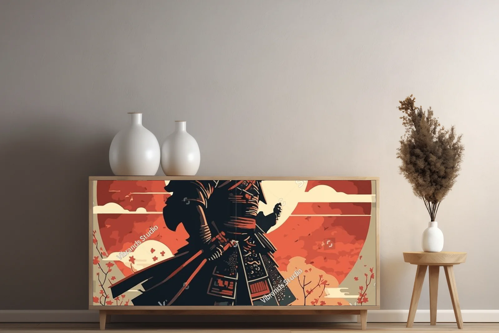 Silhouette japońskiego samuraja na tle zachodu słońca