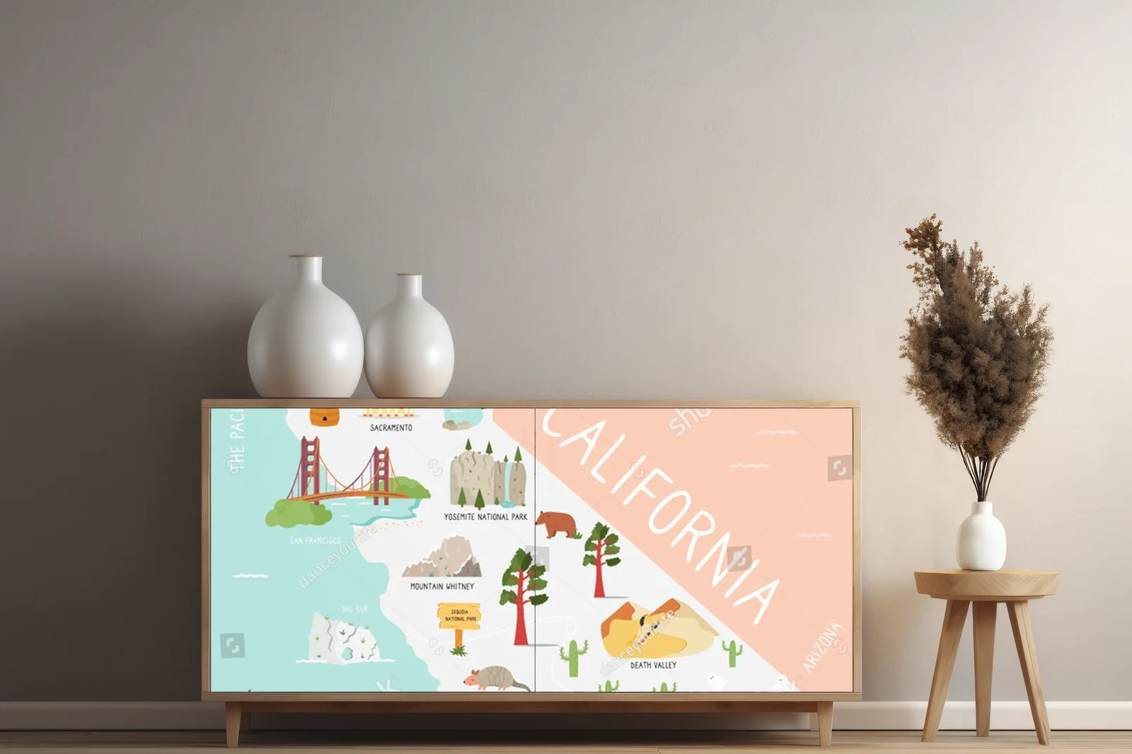 Ilustrowana mapa Kalifornii pełna kolorów i symbols