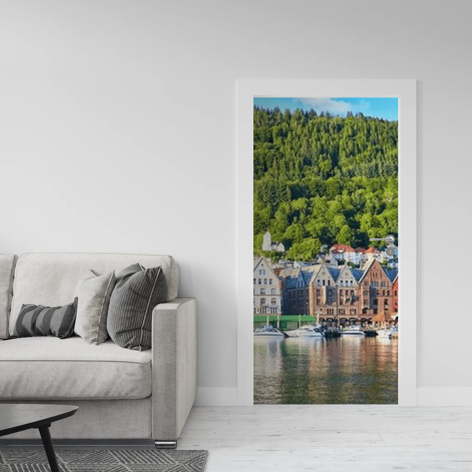 Panorama letniego portu Bryggen w Bergen, Norwegia