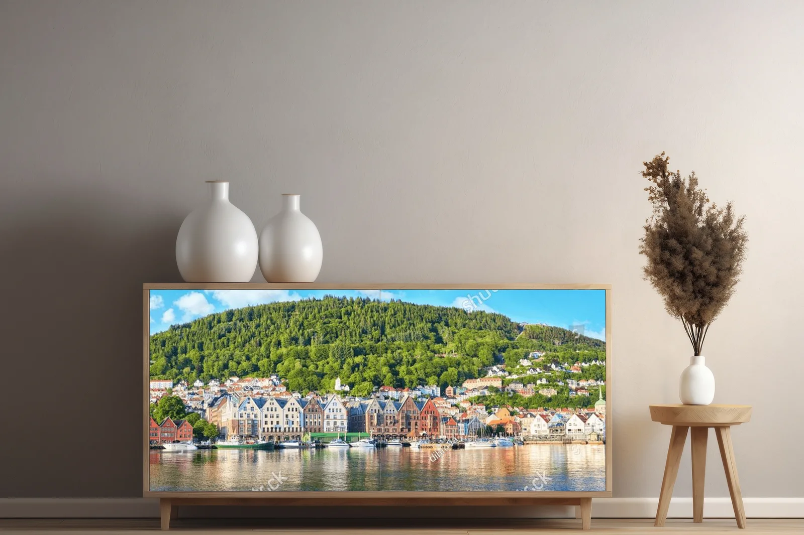 Panorama letniego portu Bryggen w Bergen, Norwegia