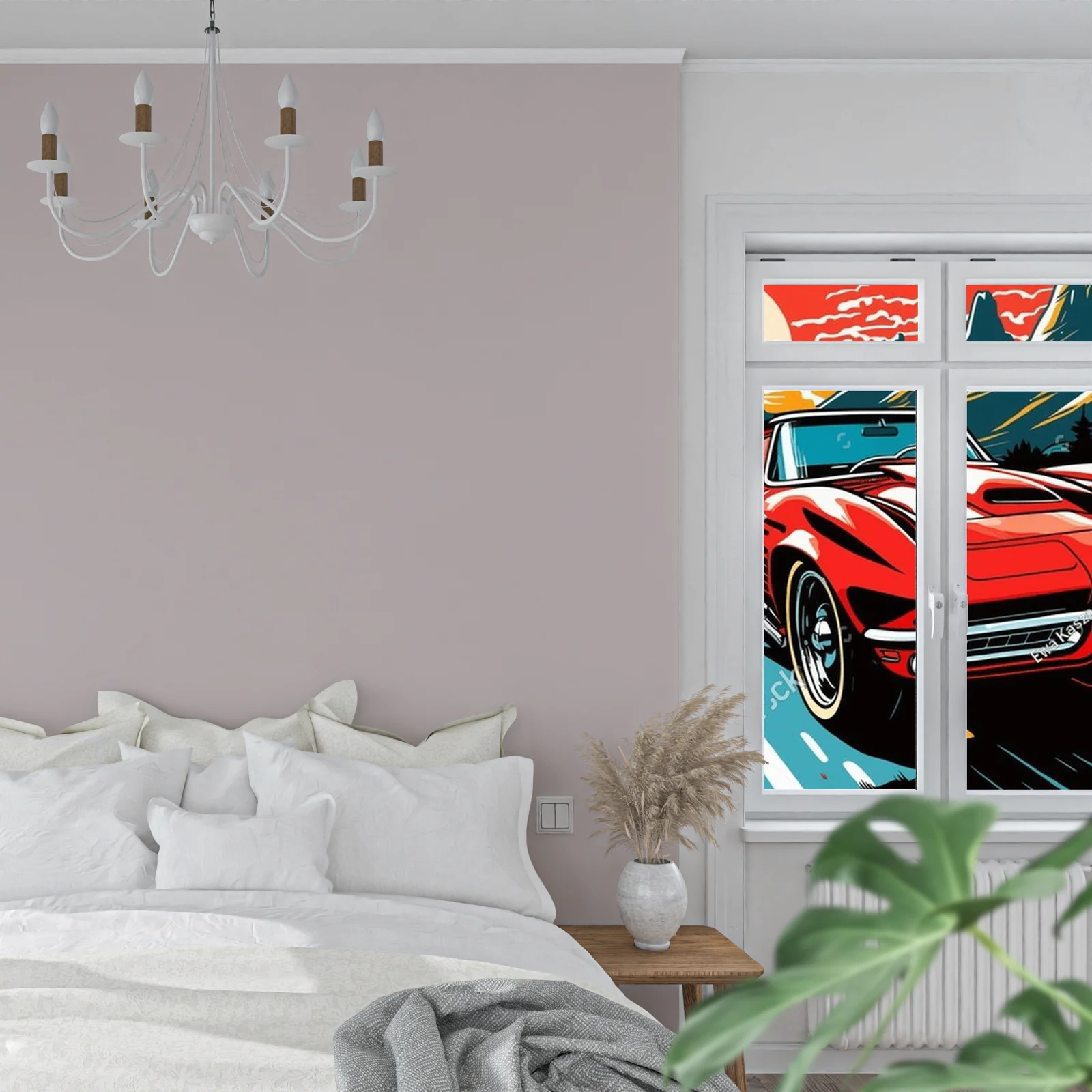 Retro wyścigowe auto na tle kolorowych pejzaży